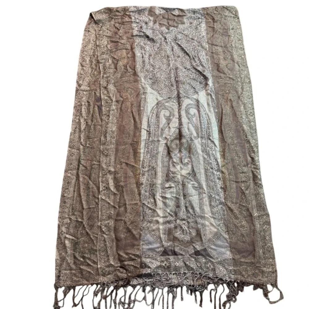 Collection Eighteen Paisley Pashmina Scarf Metallic Gold Brown Fringe Wrap Shawl